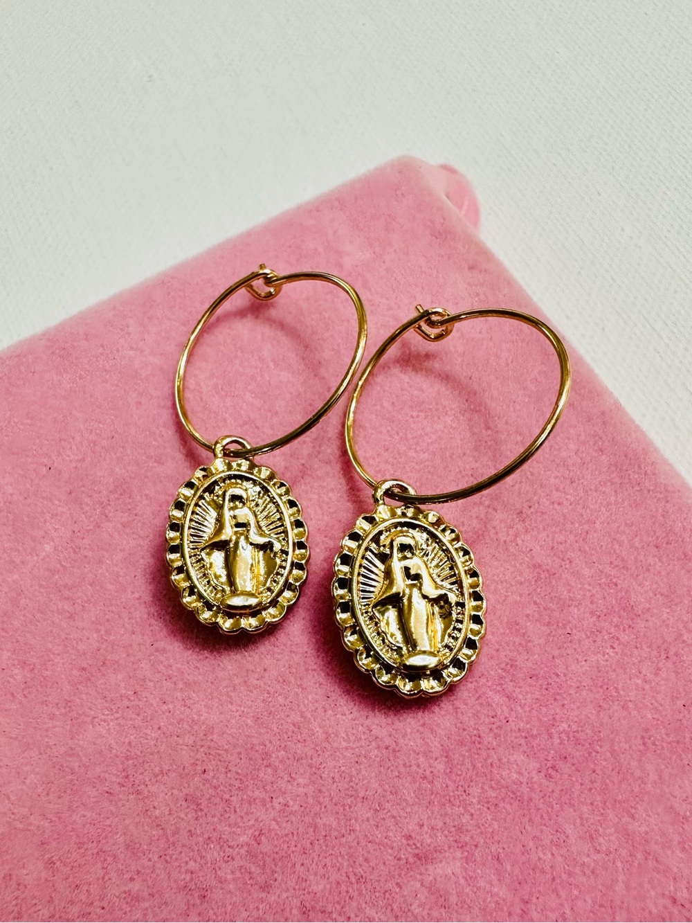 Gold Tone Madonna Medallion Hoop Earrings